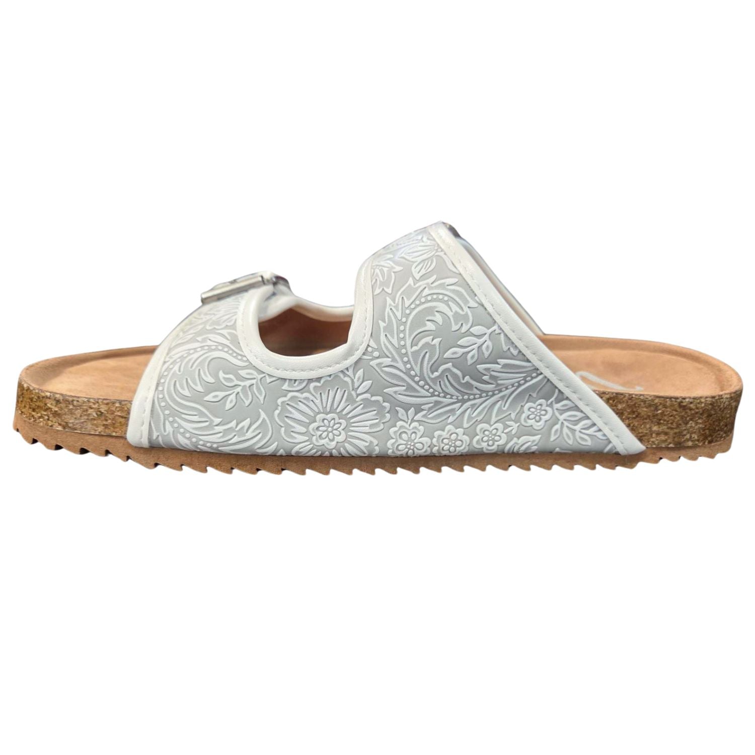 Very G Womens Western Floral Embossed Buckle Strap Slide Sandals- White/Grey