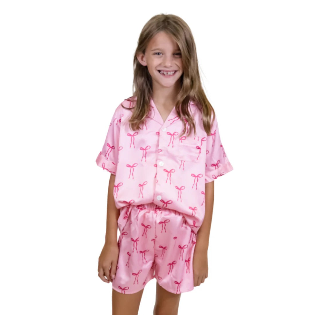Jane Marie Girls Pink Tied with a Bow Satin Pajama Short Set