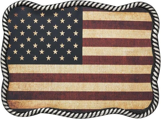 Nocona Mens Rope Trim Antique USA Flag Belt Buckle (Silver)