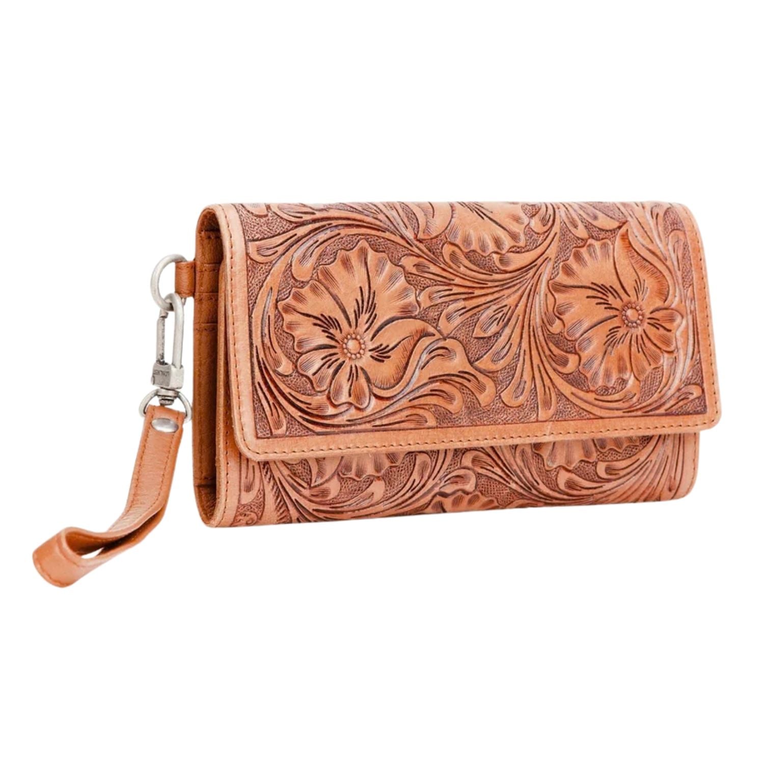 Loyal West Womens Drover Hand-tooled Floral Leather and Calfskin Wallet- Brown