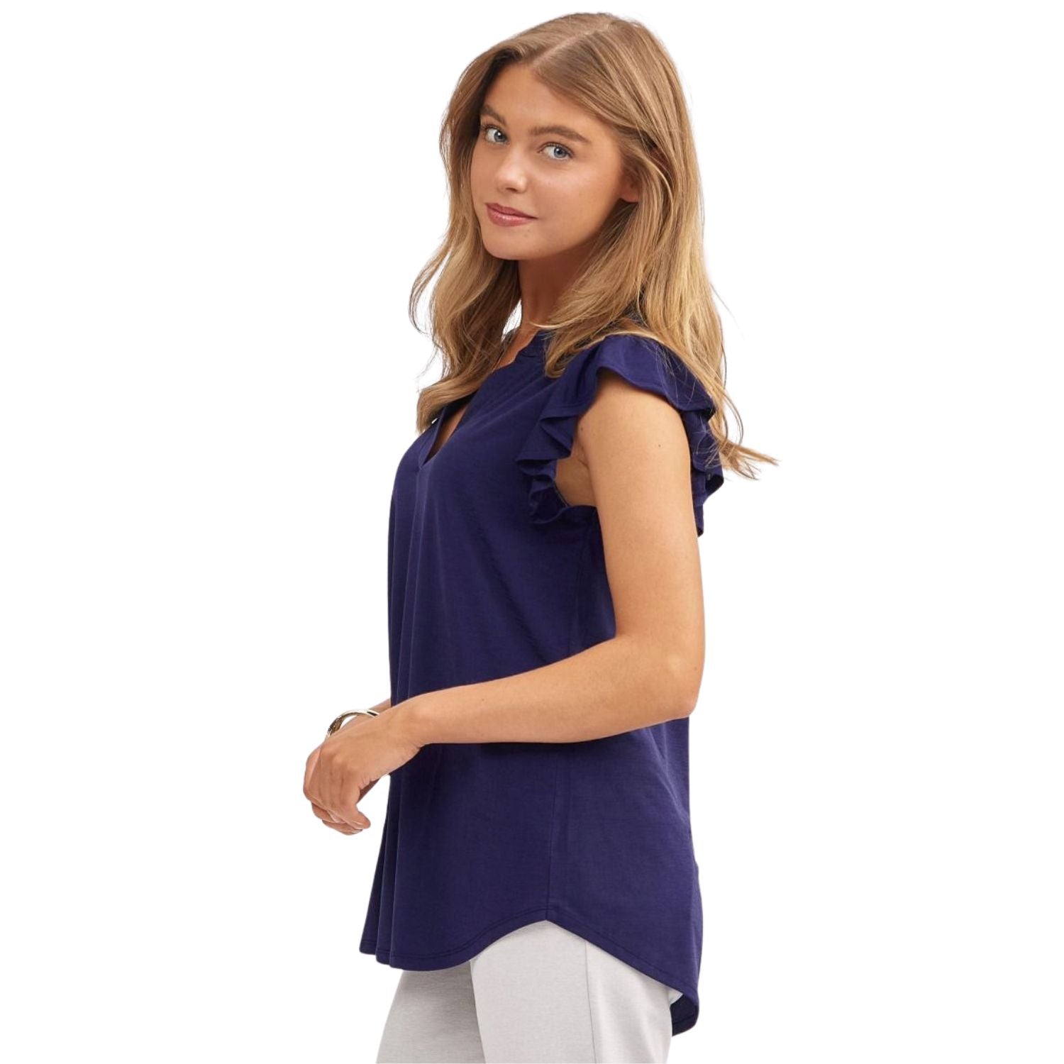 Dear Scarlett Womens Ruffle Lizzy Flutter Tank Top, Navy