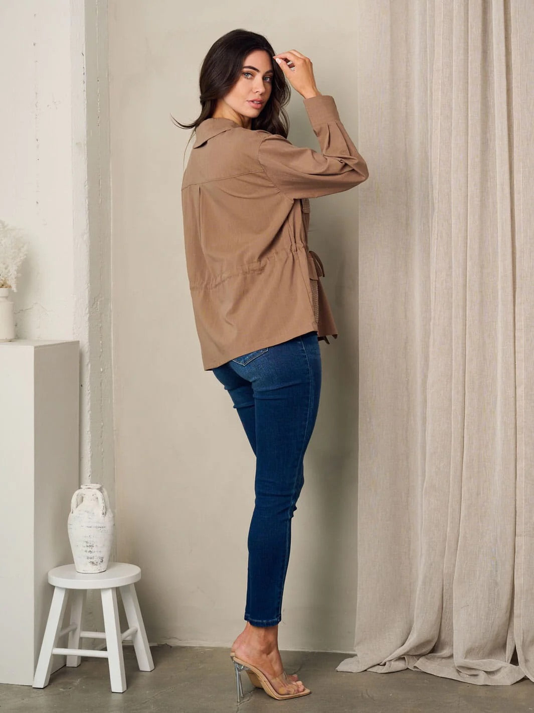 On Twelfth Women's Button Up Cinch Studded Brown Jacket