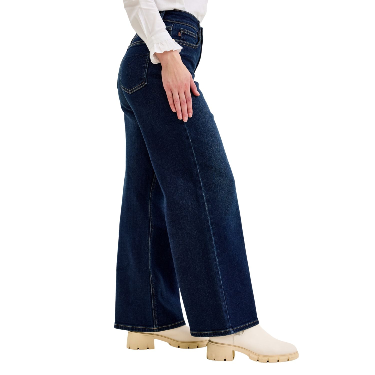 Judy Blue Womens High Waist Petite Lux Retro Wide Leg Jeans- Dark Twilight Blue