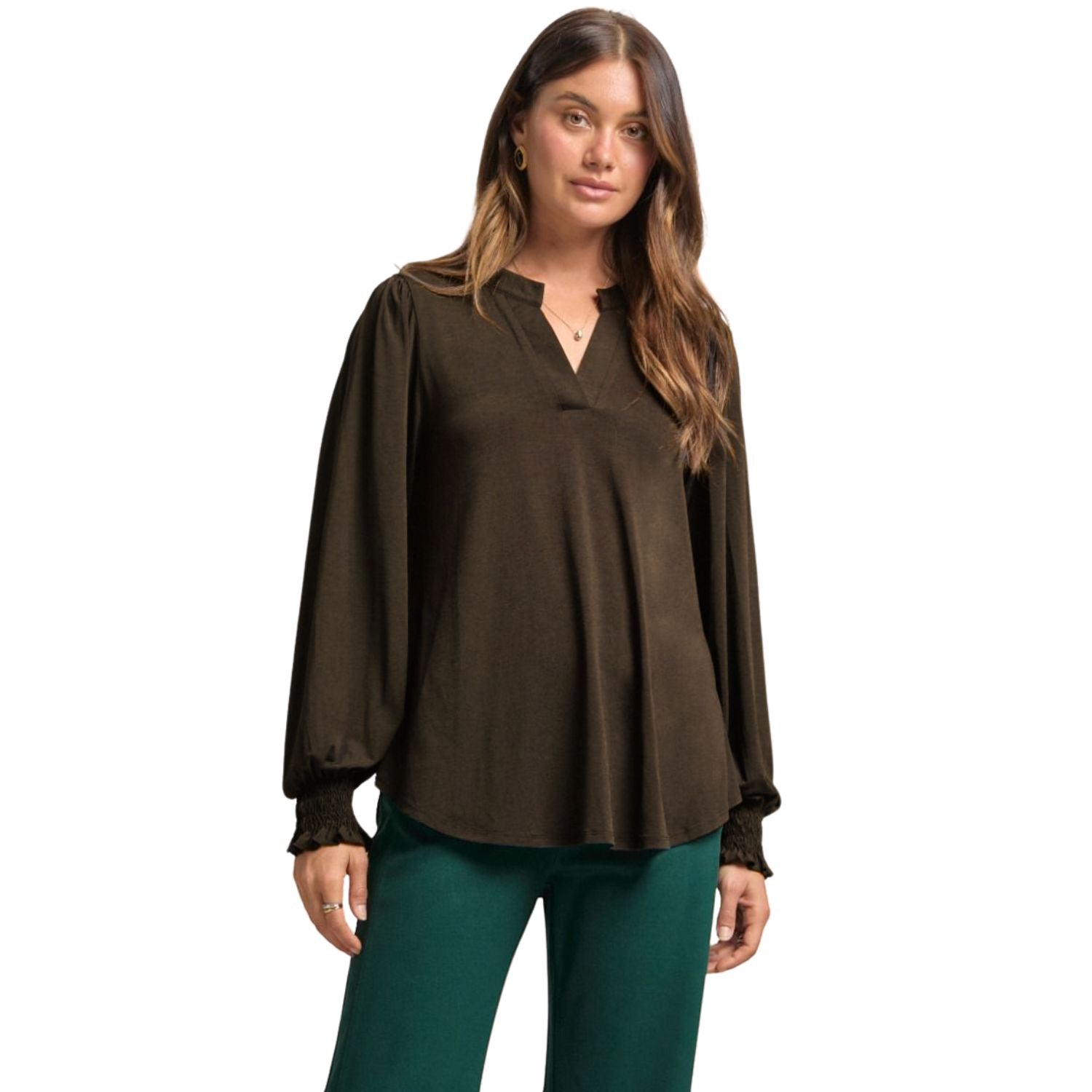 Dear Scarlett Womens Lizzy Smock Long Sleeve Top, Chocolate