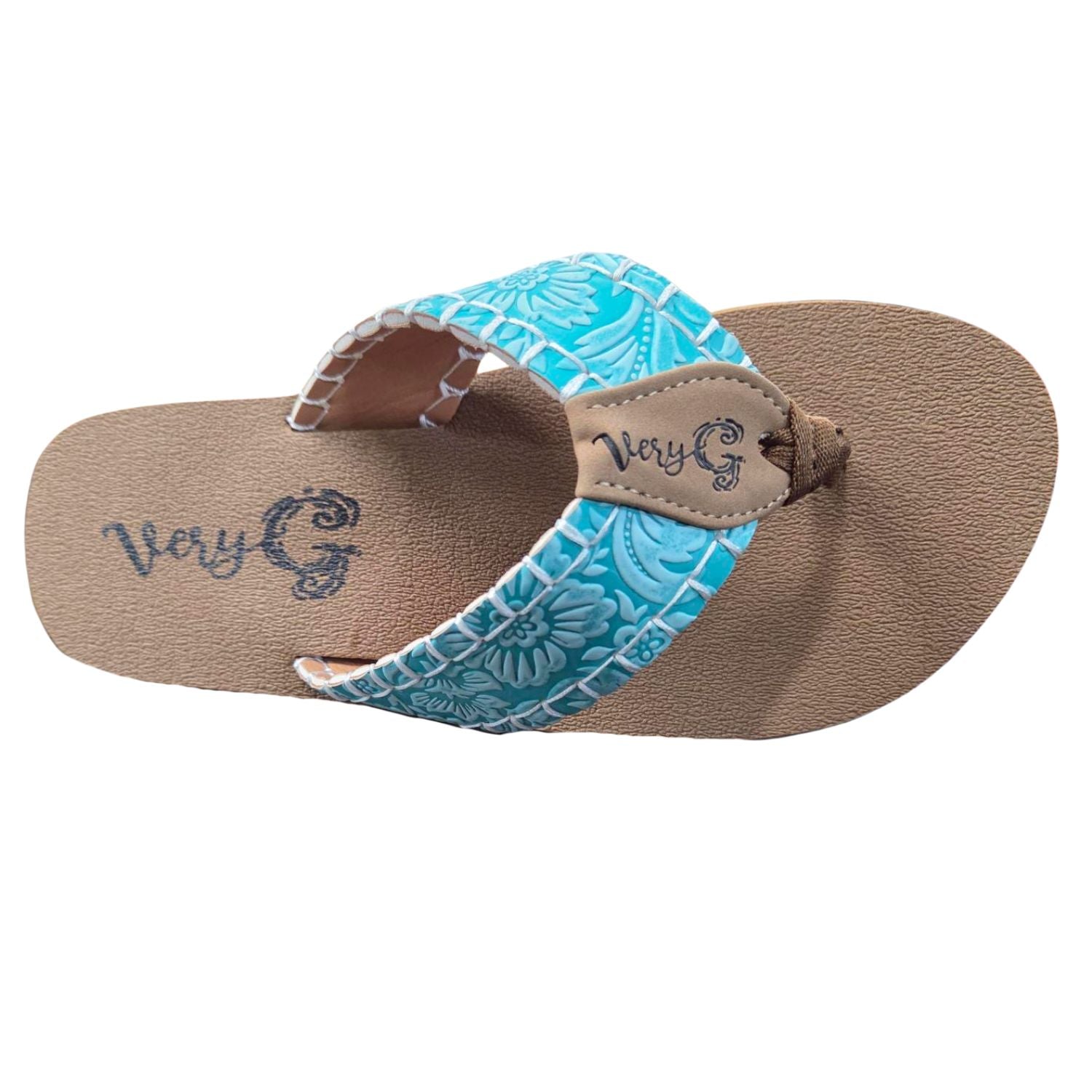 Very G Womens Pamela Western Floral Embossed Leather Strap Flip Flops - Turquoise