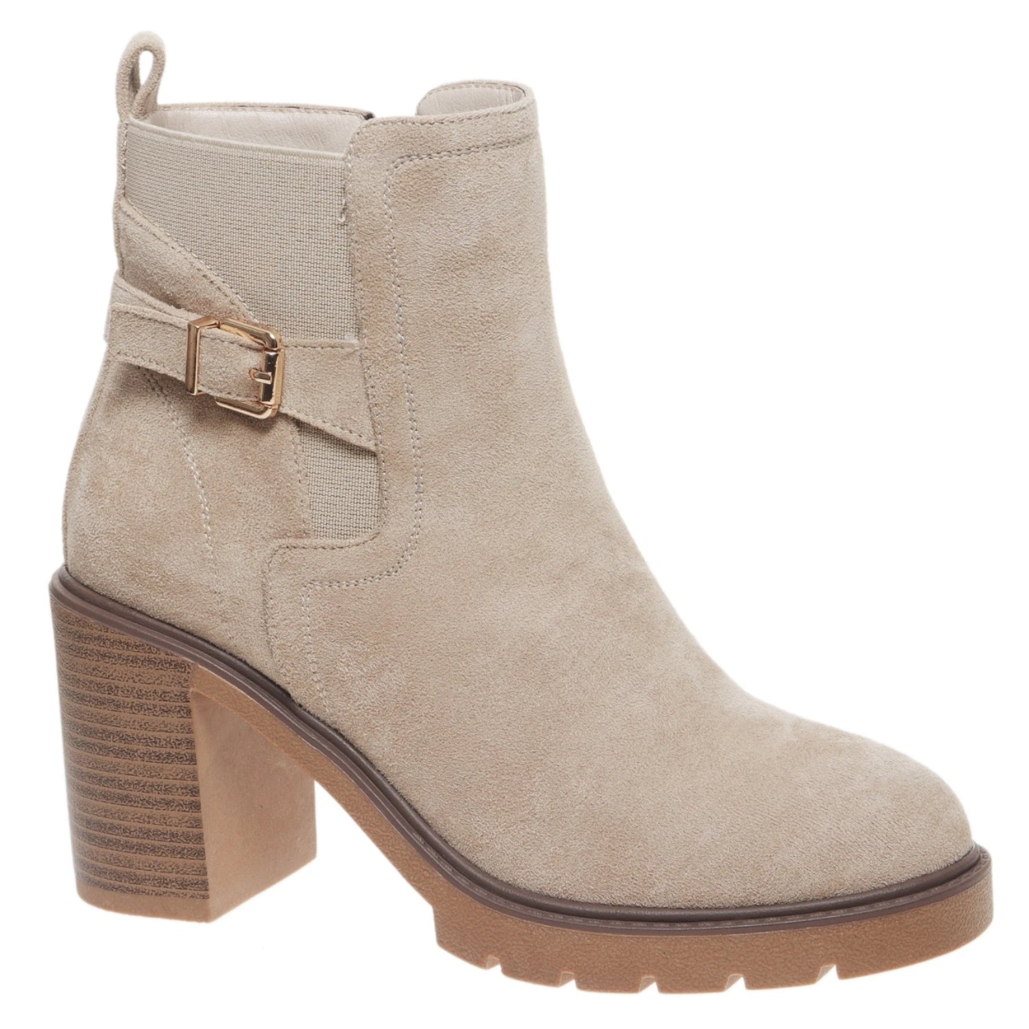 Pierre Dumas Rapid-5 Women's Buckle Detail Chunky Heel Ankle Boots, Sand