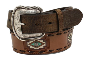 Nocona Womens Brown Belt With Painted Emblems and Studs- Wings and Cross Buckle (Small)