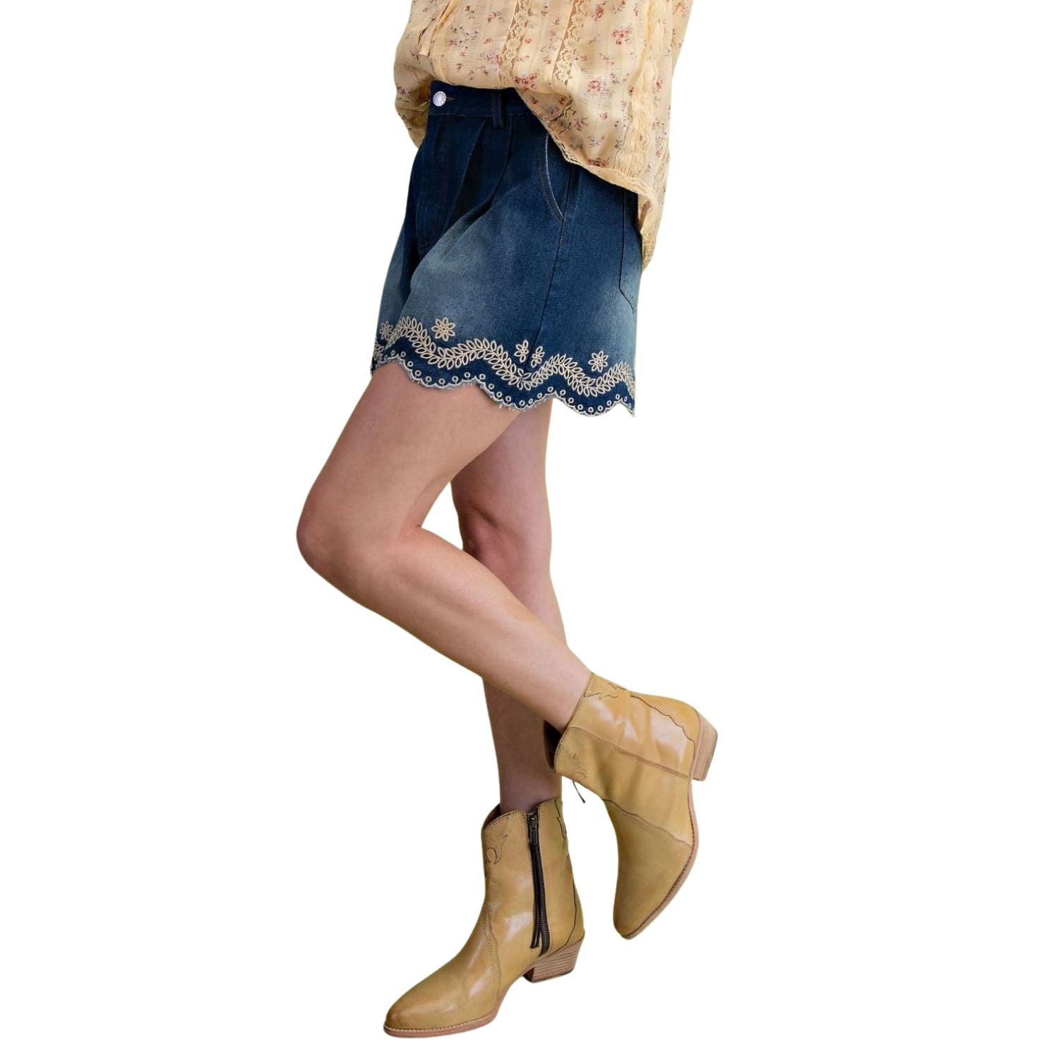Easel Womens Floral Embroidered Hem Relaxed Easy Fit Denim Shorts- Dark Denim