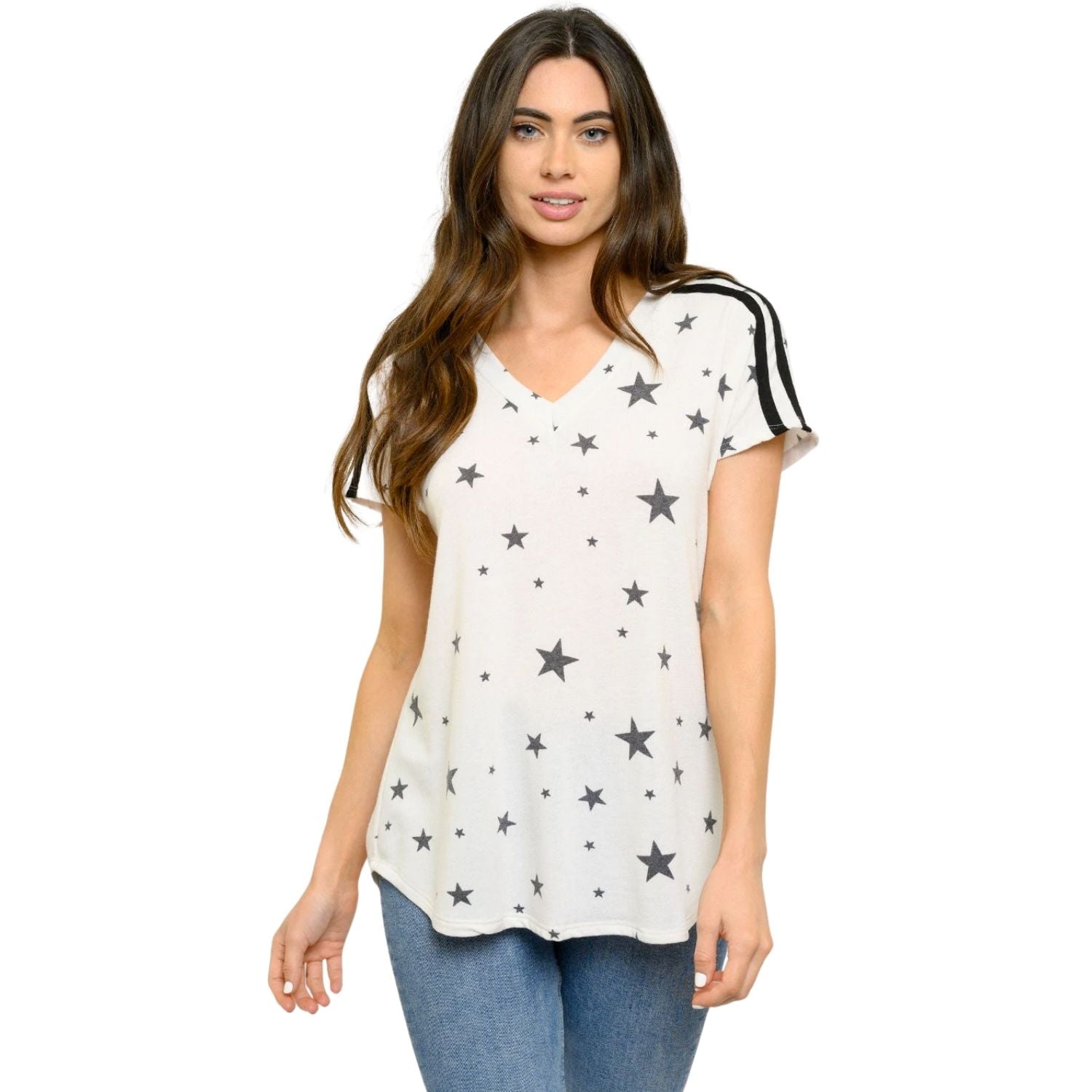 Heimish Womens Short Sleeve V-neck Shoulder Stripe Top, Ivory Stars