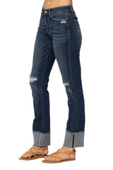 Judy Blue Womens Destroyed Knee Mid Rise Denim Straight Jeans