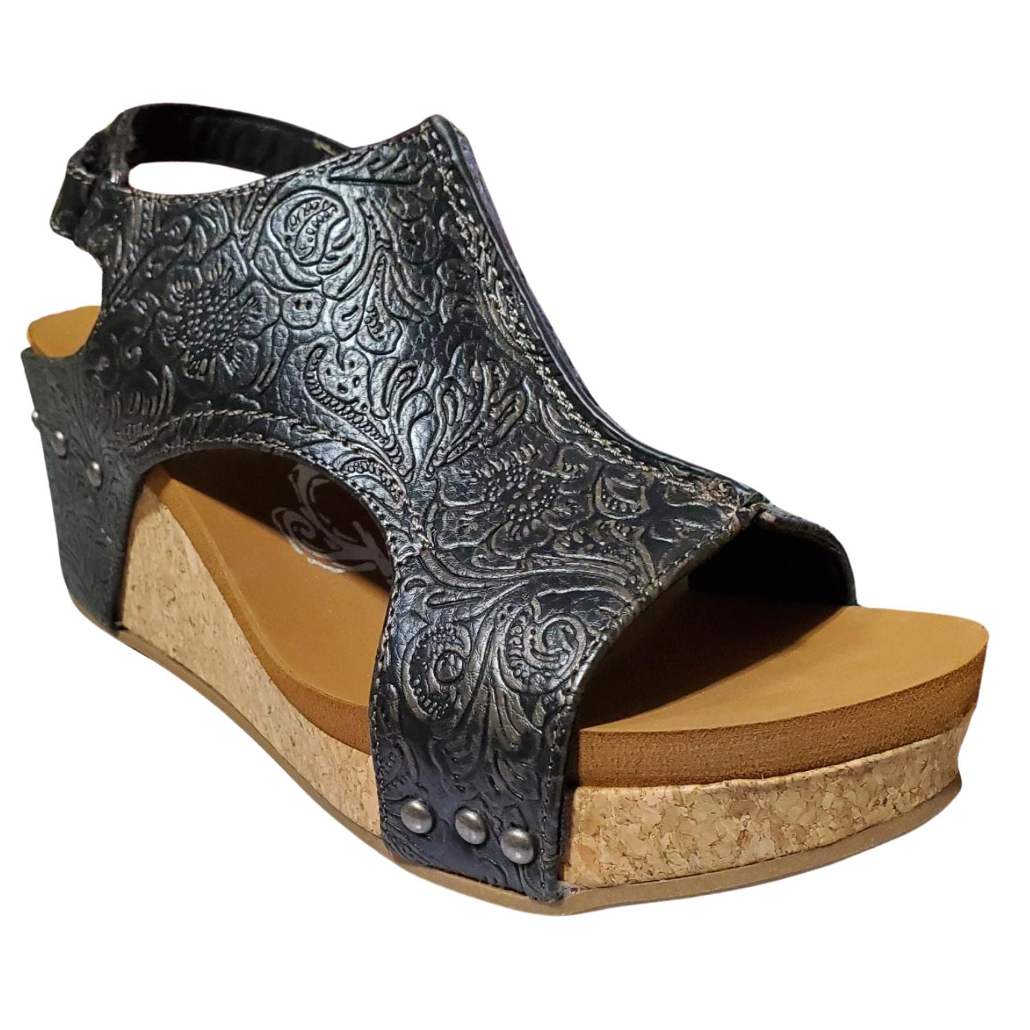 Very G Womens Isabella Tooled 2 Wedge Heel Platform Sandal, Charcoal