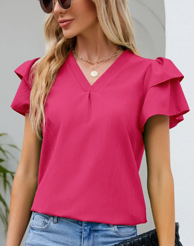 Ruffle Trim Solid Women's Blouse, Casual V Neck Layered Ruffle Sleeve