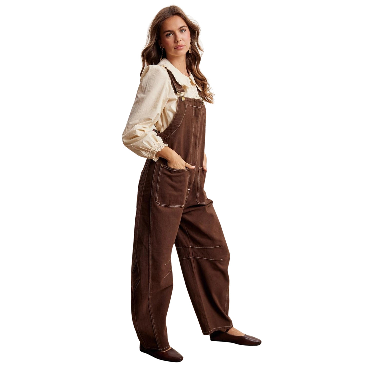 Listicle Women's Barrel Leg Utility Overall Jumpsuit, Mocha