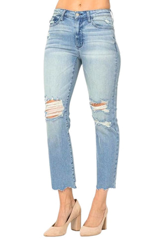 Judy Blue Womens Mid Rise Destroyed Tinted Cropped Straight Jeans