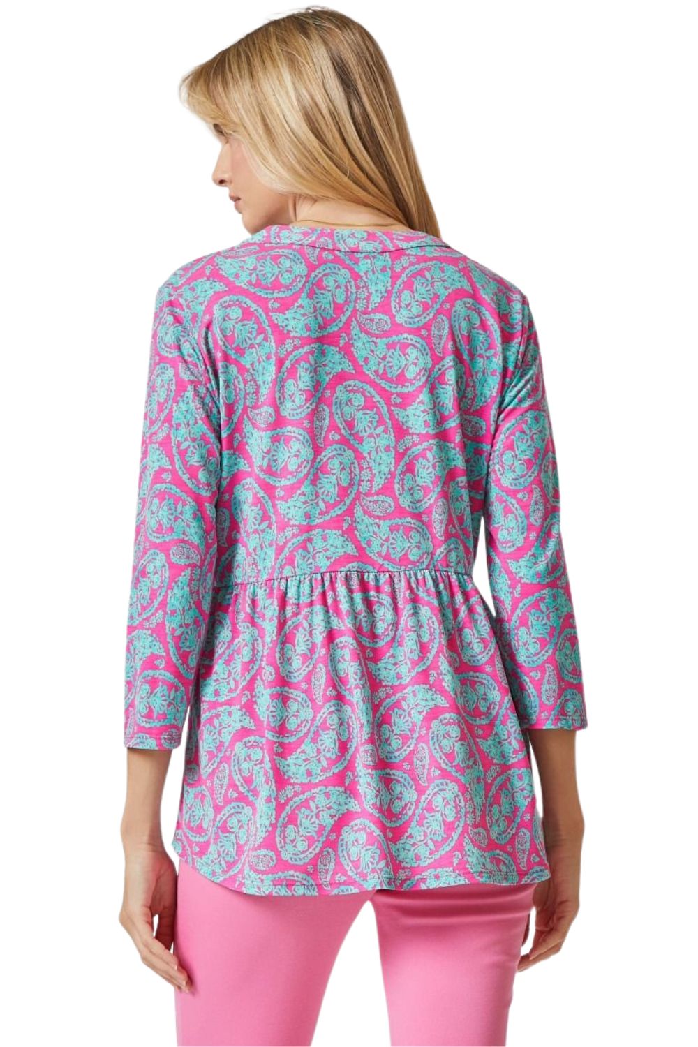 Dear Scarlett Womens Lizzy Empire Cutline Flowy High Low Blouse, Emerald Pink