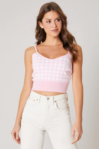 Sugar Lips Barbie Pink and White Checkered Gingham Knit Tank Top