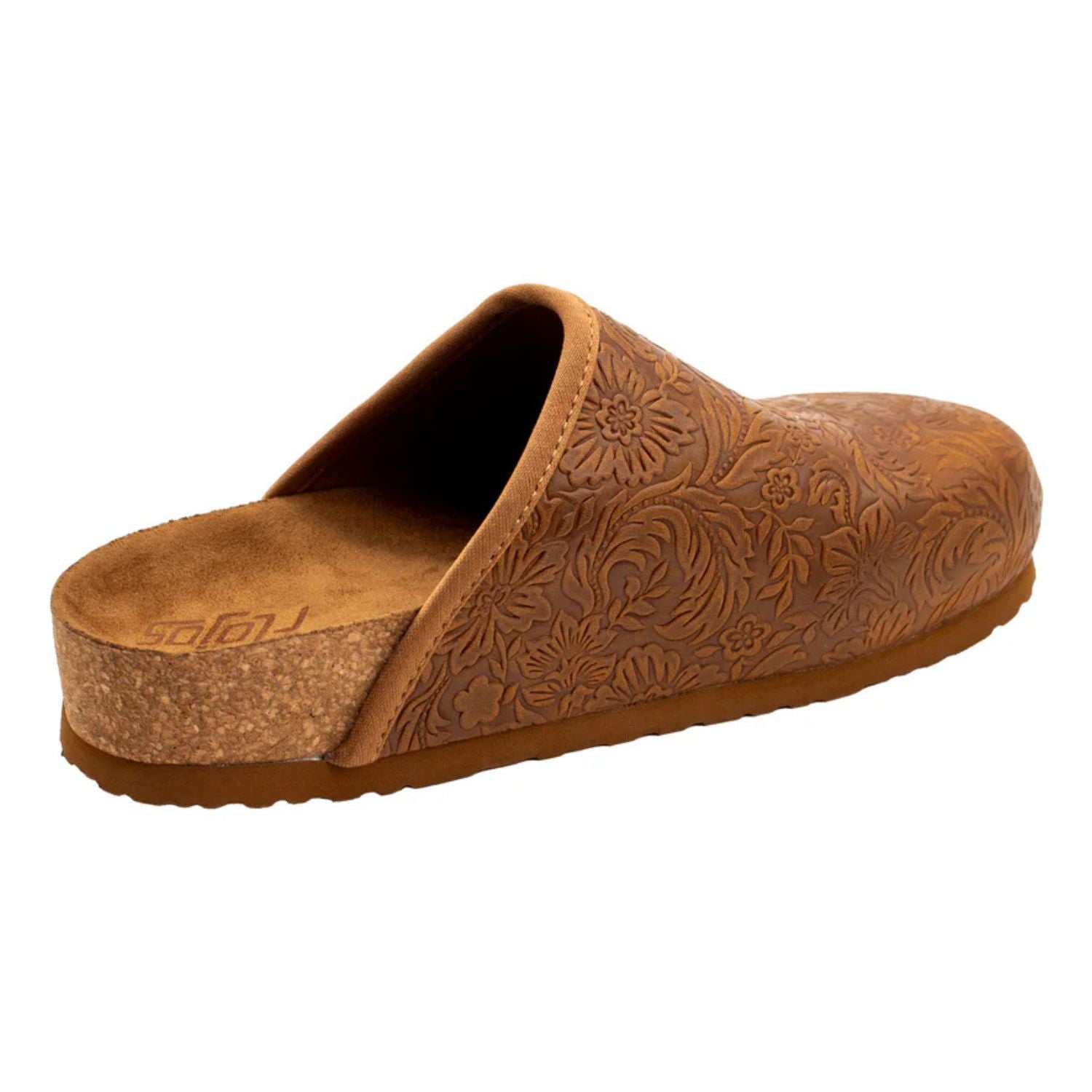 Flojos Womens Sofia Floral Tooled Slip On Mule Clog, Tan Artisan