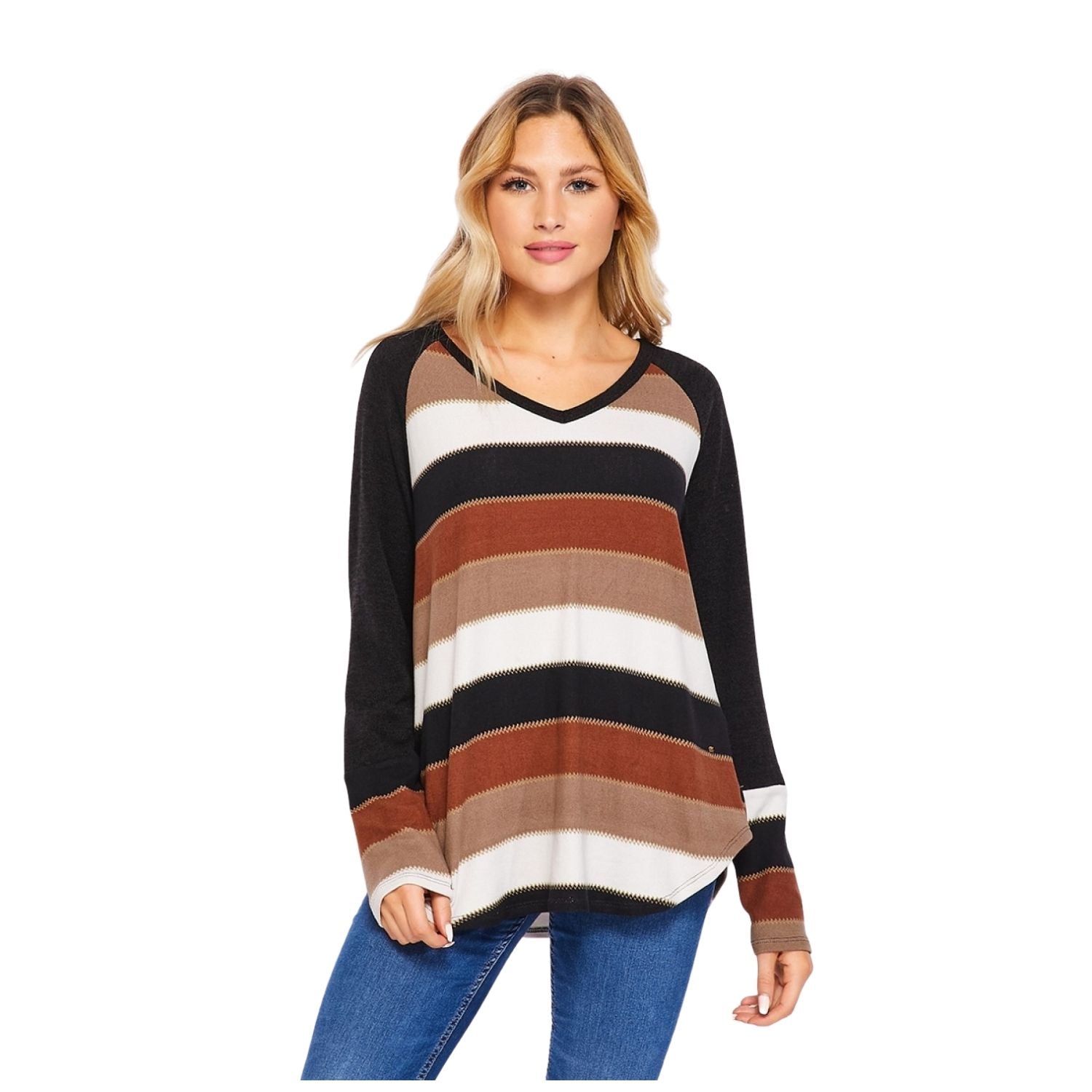 HoneyMe Womens Long Sleeve V-neck Lightweight Knit Sweater, Black Mocha Stripe
