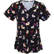 Green Town Performance Womens V-Neck Scrub Top - Valentine's Day Prints