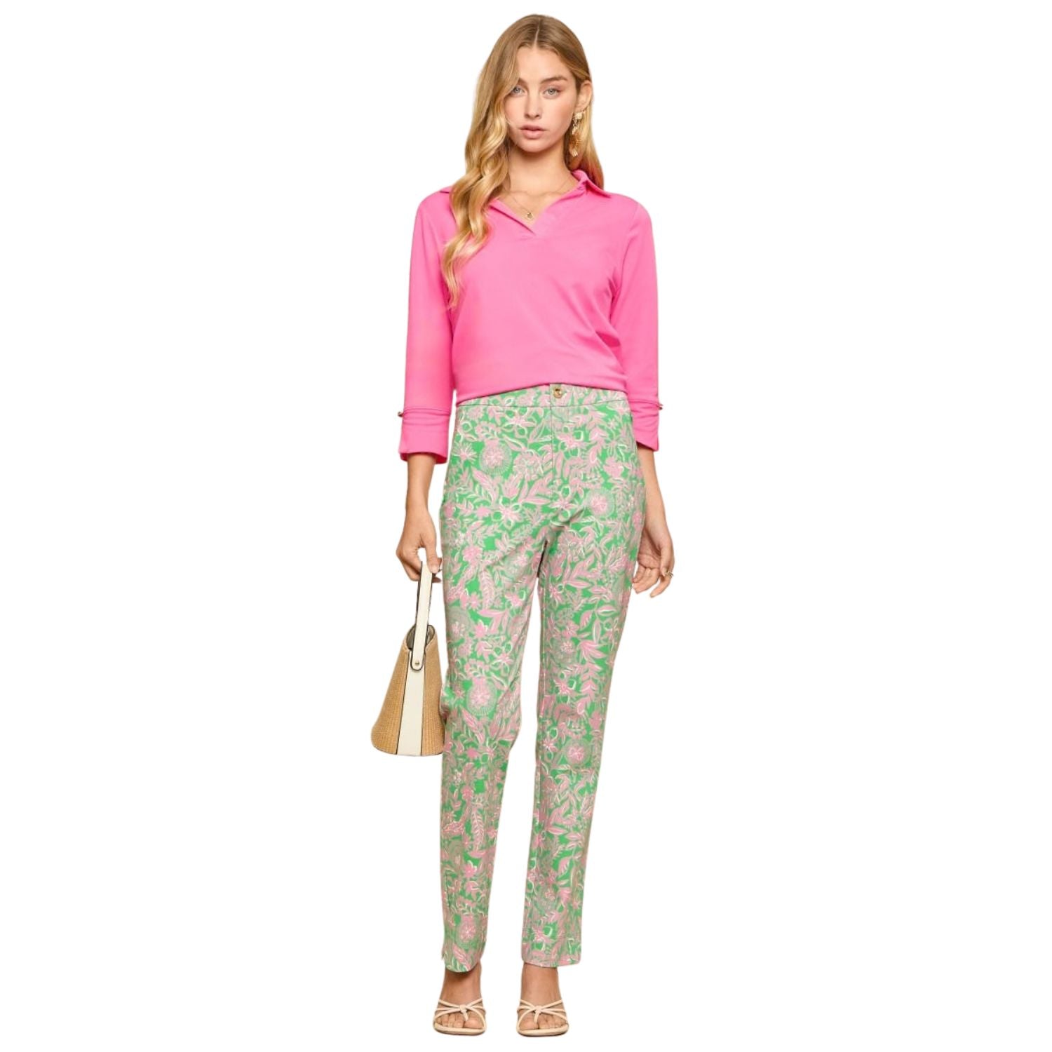 Dear Scarlett Womens High Waist Relaxed Fit Pants, Kelly Green/Pink