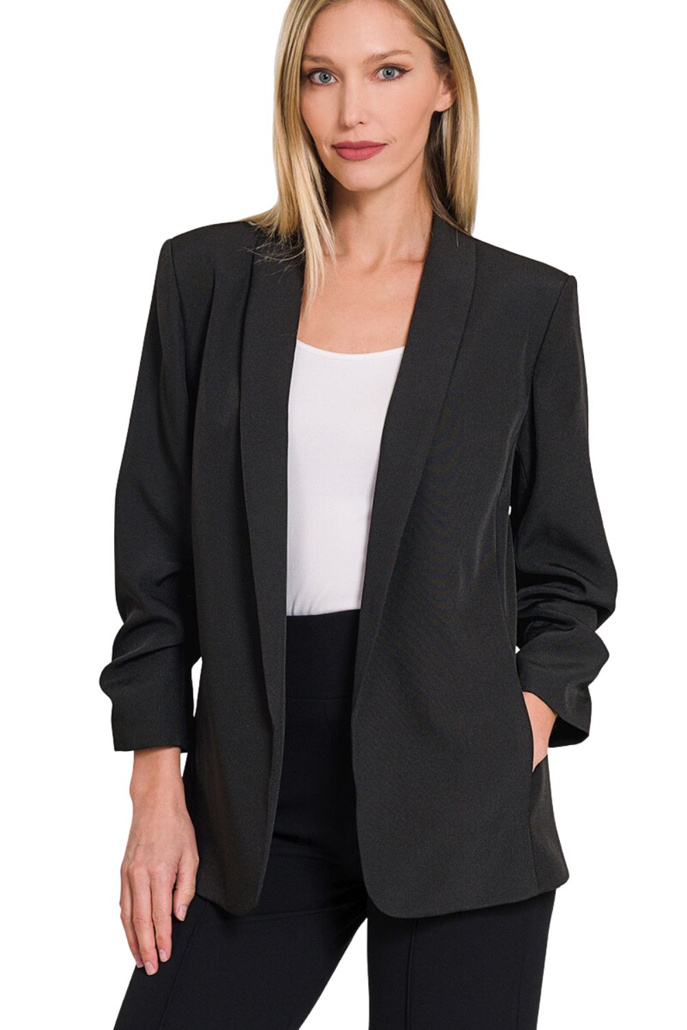 Zenana Womens Ruched Sleeve Open Blazer Top