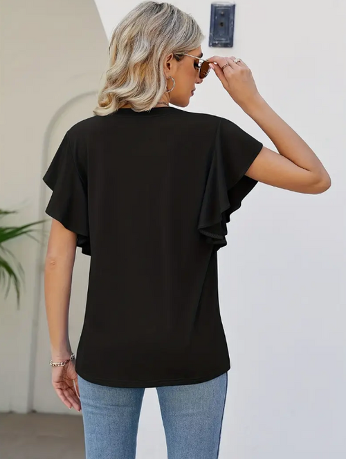 Womens Solid Ruffle Hem Sleeve T-Shirt Blouse, V Neck Short Sleeve