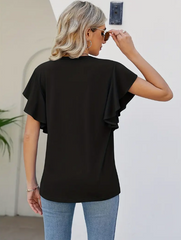 Womens Solid Ruffle Hem Sleeve T-Shirt Blouse, V Neck Short Sleeve