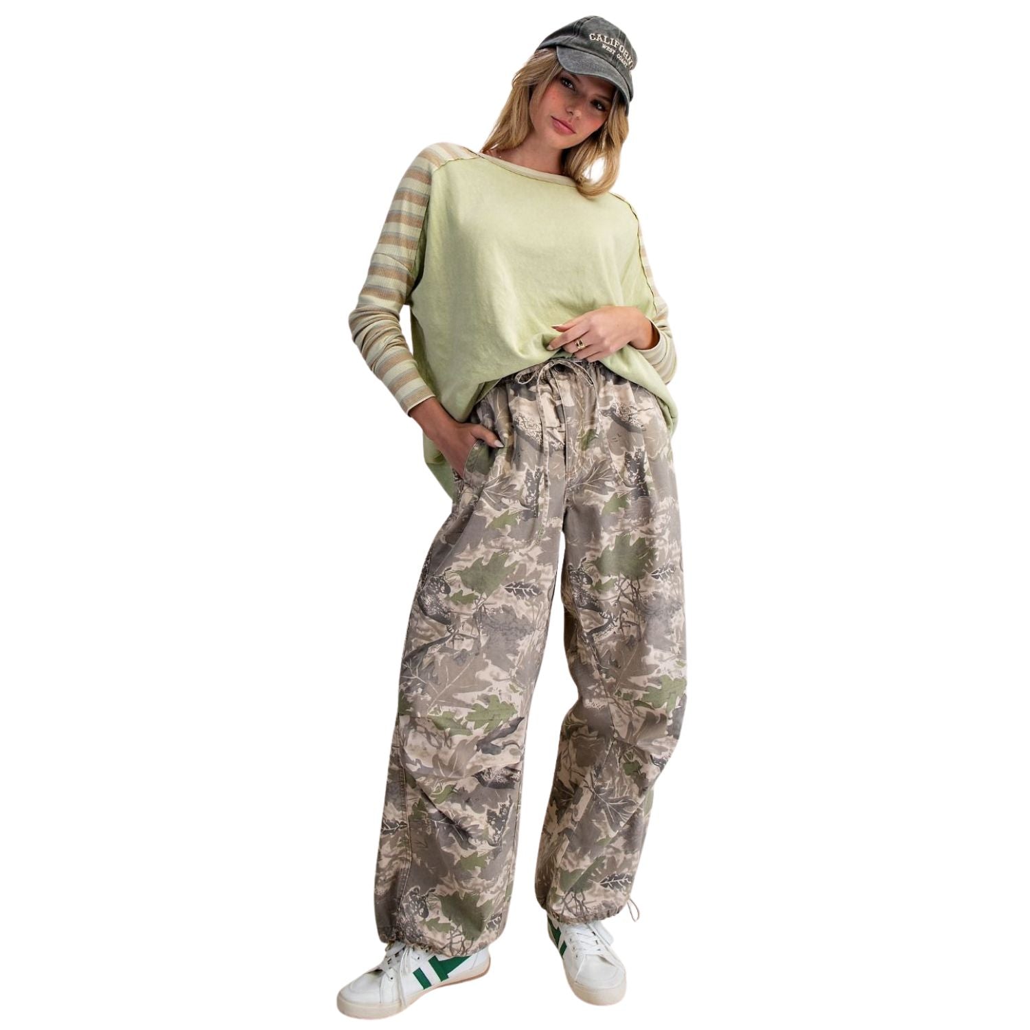 Easel Womens Camouflage Printed Washed Twill Relaxed Fit Pants- Olive