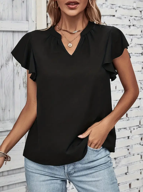 Women's Black Ruffle Sleeve Blouse with V-Neck