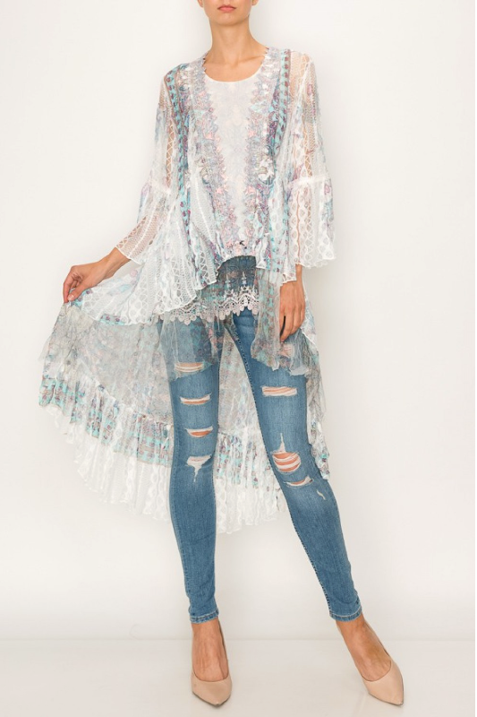 Origami Lace Western Bohemian Edge Hi Lo Cardigan - Ivory Turquoise Duster