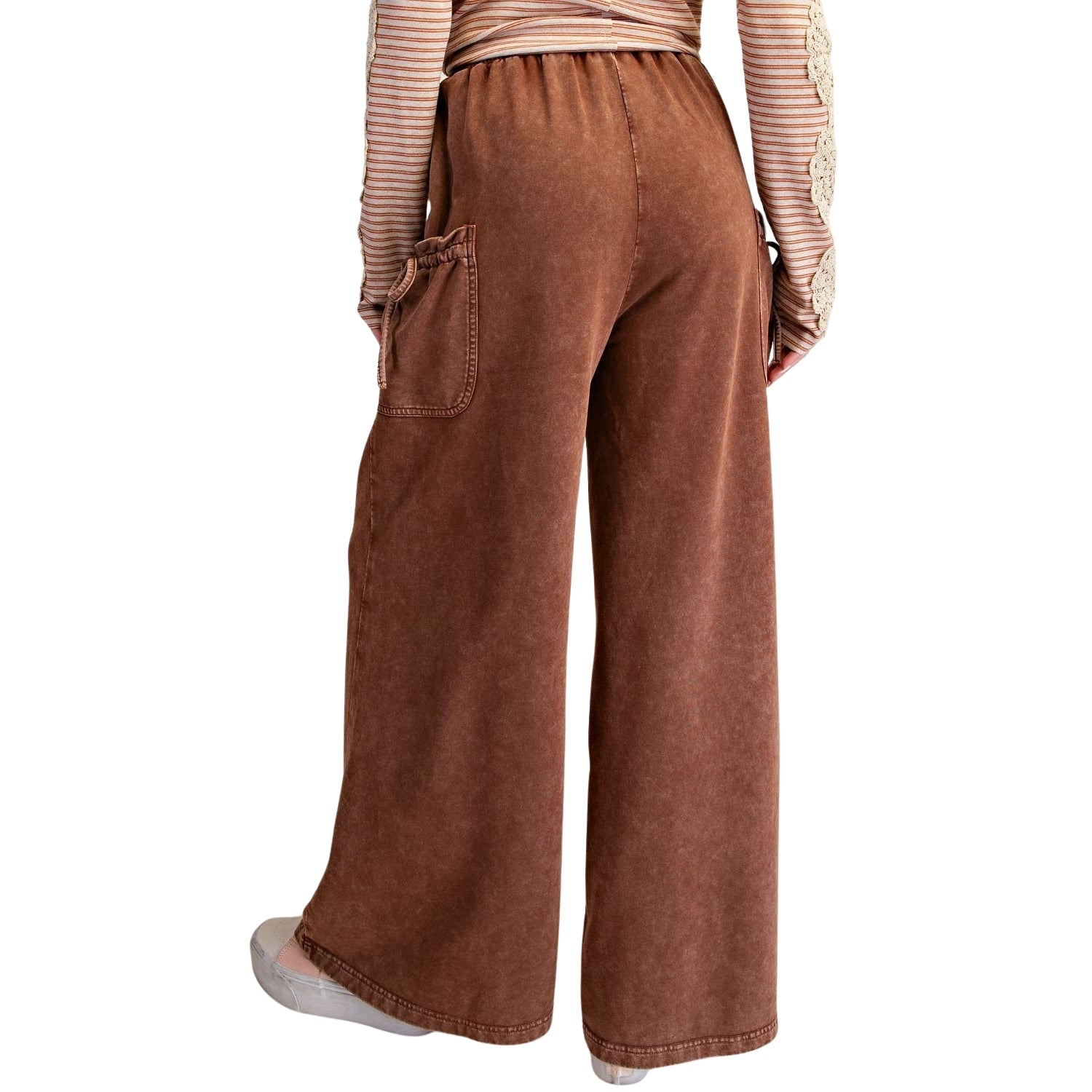 Easel Women's Mineral Washed Terry Knit Wide Leg Cargo Pants, Coffee