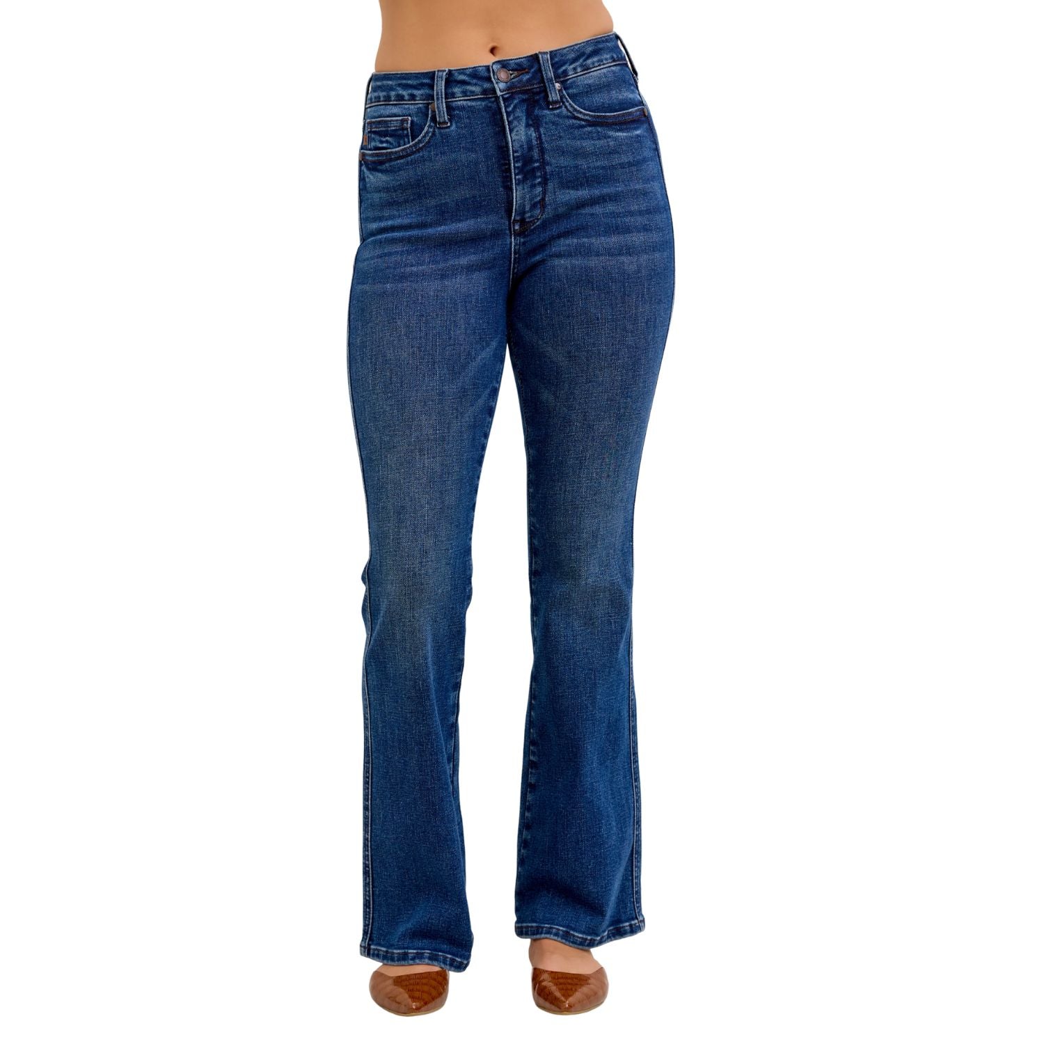 Judy Blue Womens High Waist Tummy Control Short Inseam Bootcut Jeans, Dark wash