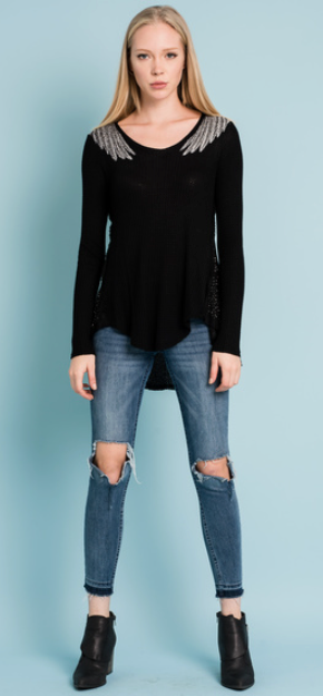 Vocal Womens Long Sleeve Shirt Black High Low Top with Wings