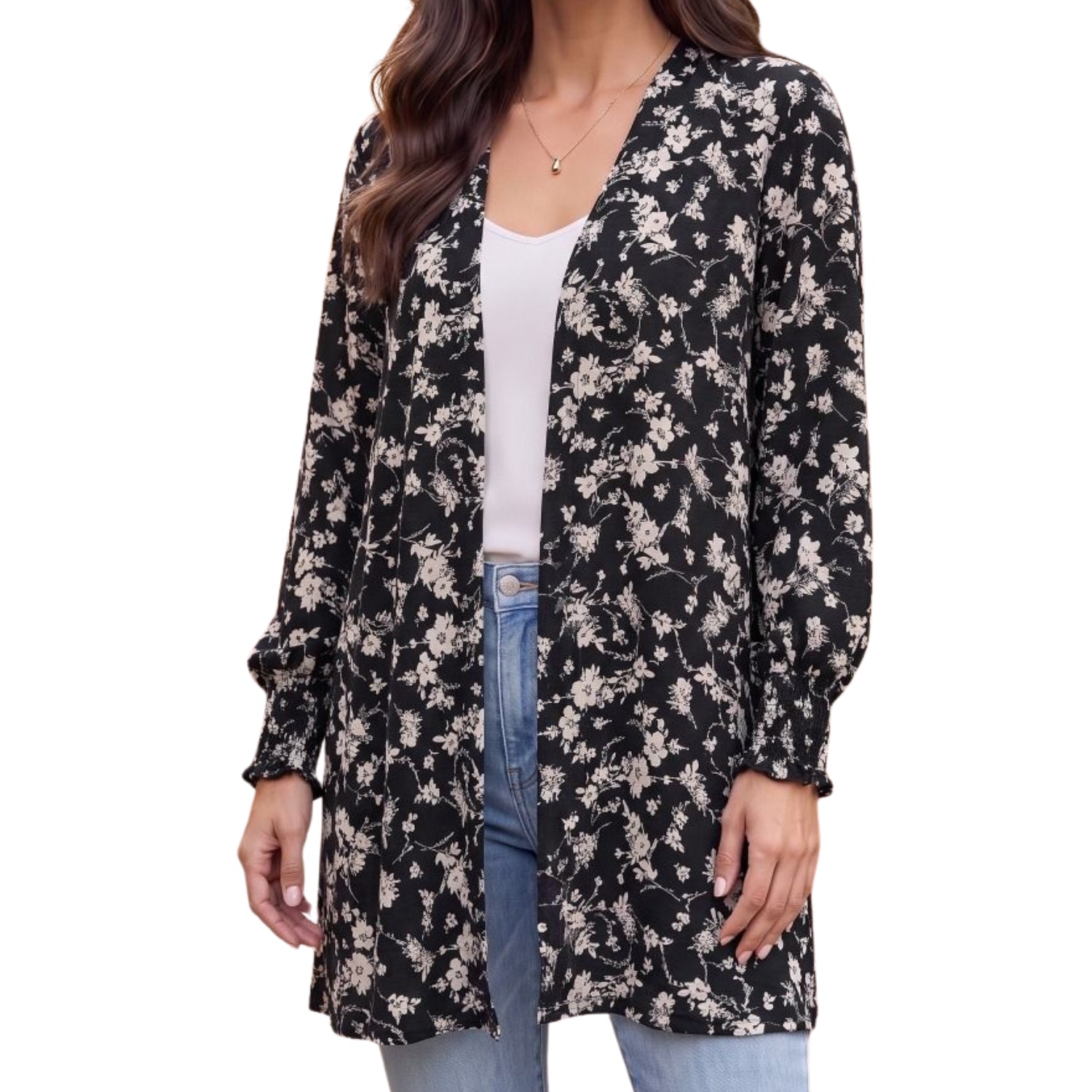 Dear Scarlett Womens Lizzy Wrinkle-free Smocked Sleeve Cardigan, Black Floral