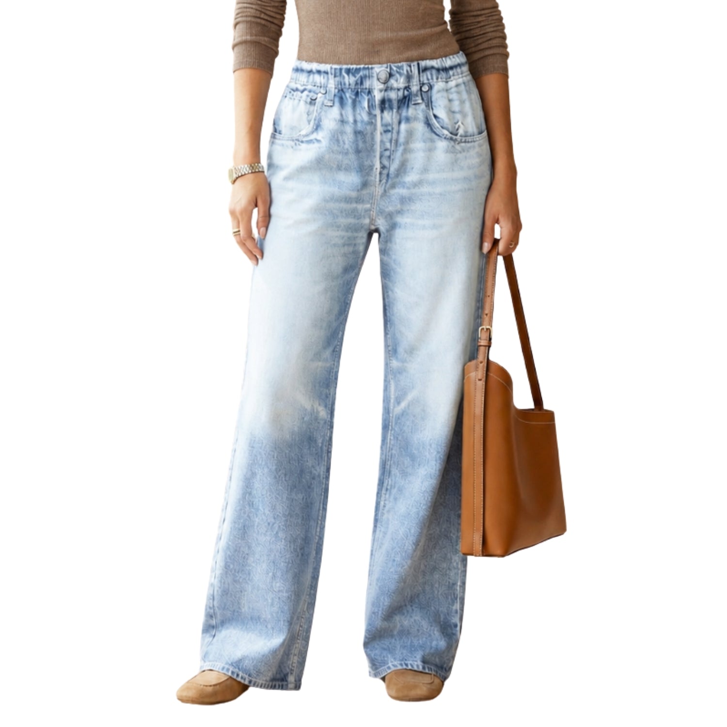 Dear Scarlett Womens Wide Leg Pull-On Zenim Pants, Light Denim