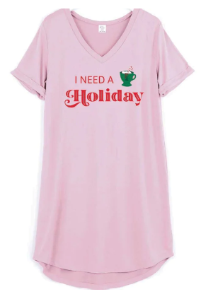 Hello Mello Womens Holiday V-Neck Sleep Shirt (SM, I Need a Holiday), No Bag