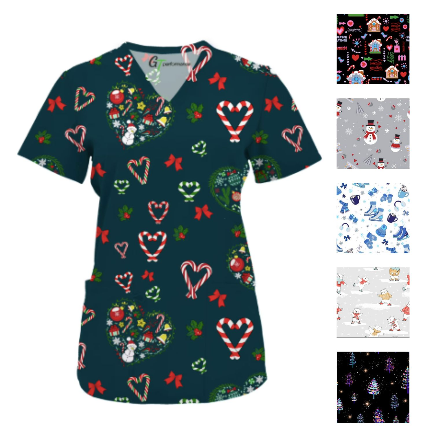 Green Town Womens V-Neck Scrub Top - Christmas Holiday Prints