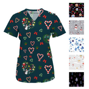 Green Town Womens V-Neck Scrub Top - Christmas Holiday Prints