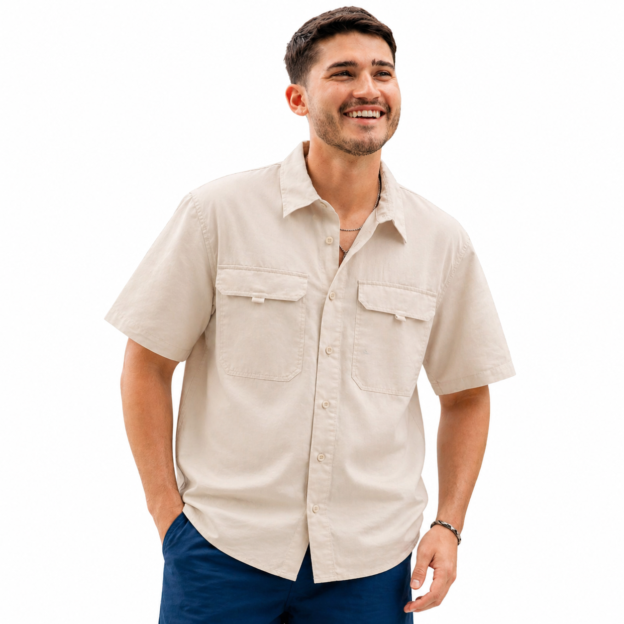Heat Swimwear Mens Fisherman Short Sleeve Lightweight Button Front Shirt- Tan