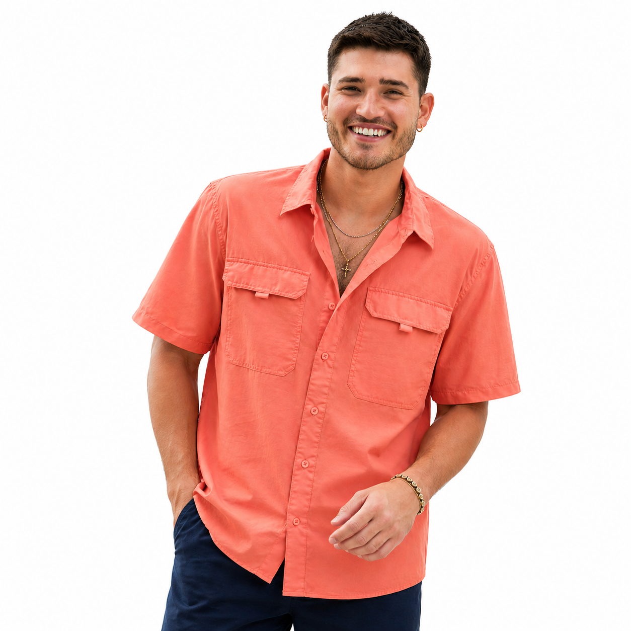 Heat Swimwear Mens Fisherman Short Sleeve Lightweight Button Front Shirt- Coral