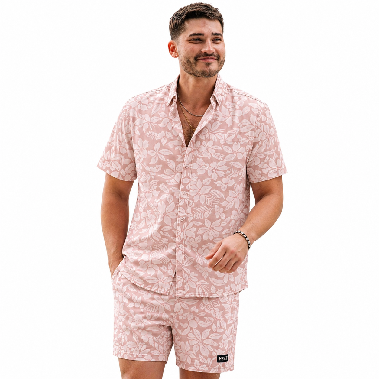 Heat Swimwear Mens Resort Style Short Sleeve Button Front Shirt- Floral Beige