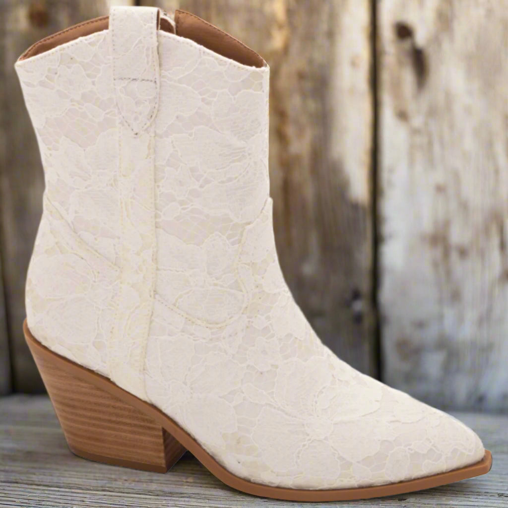 Hey Girl by Corkys Rowdy Short Western Boots, White Lace