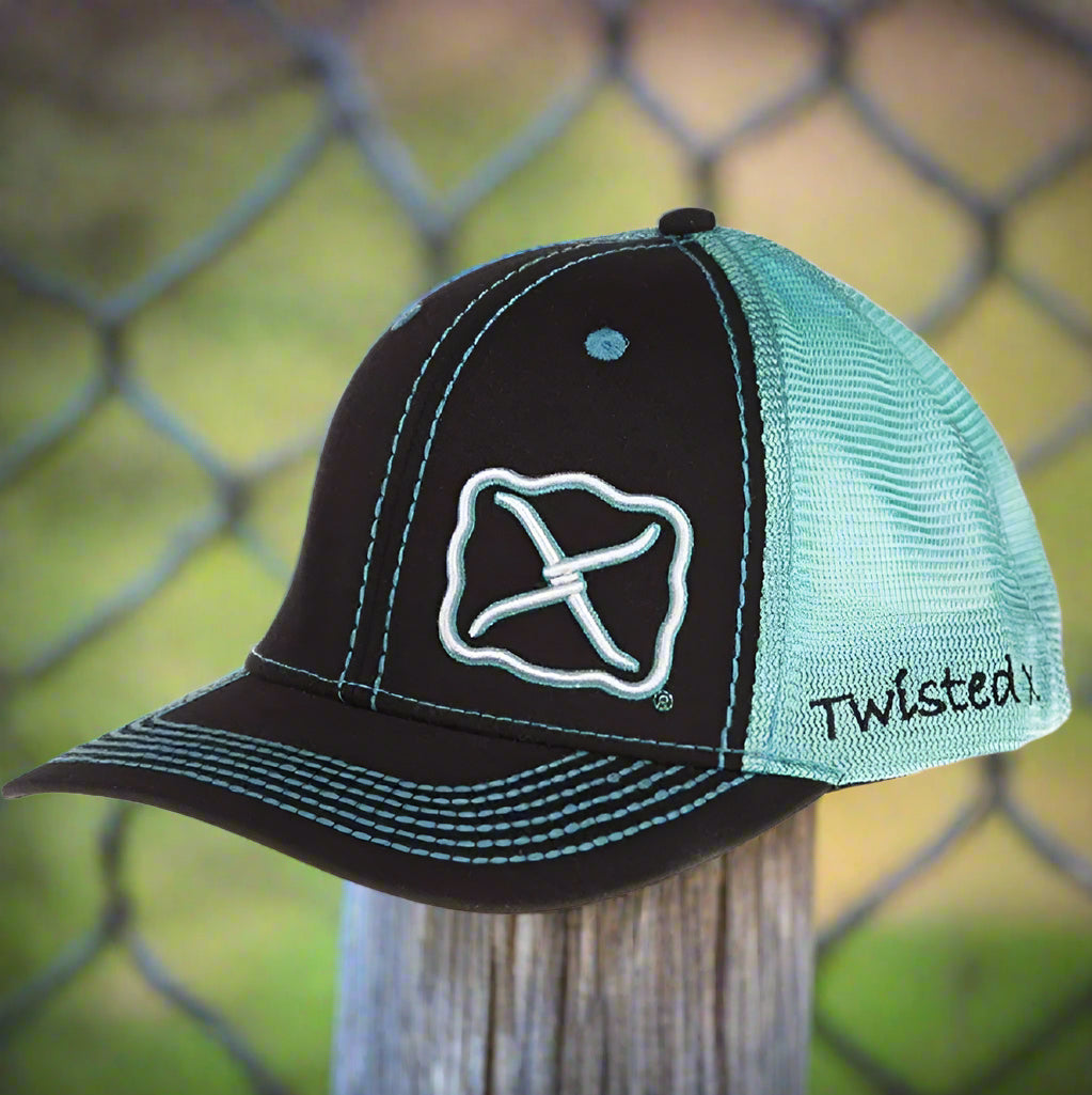 Twisted X Mens Adjustable Snapback Mesh Cap Hat (Black/Turquoise, One Size)