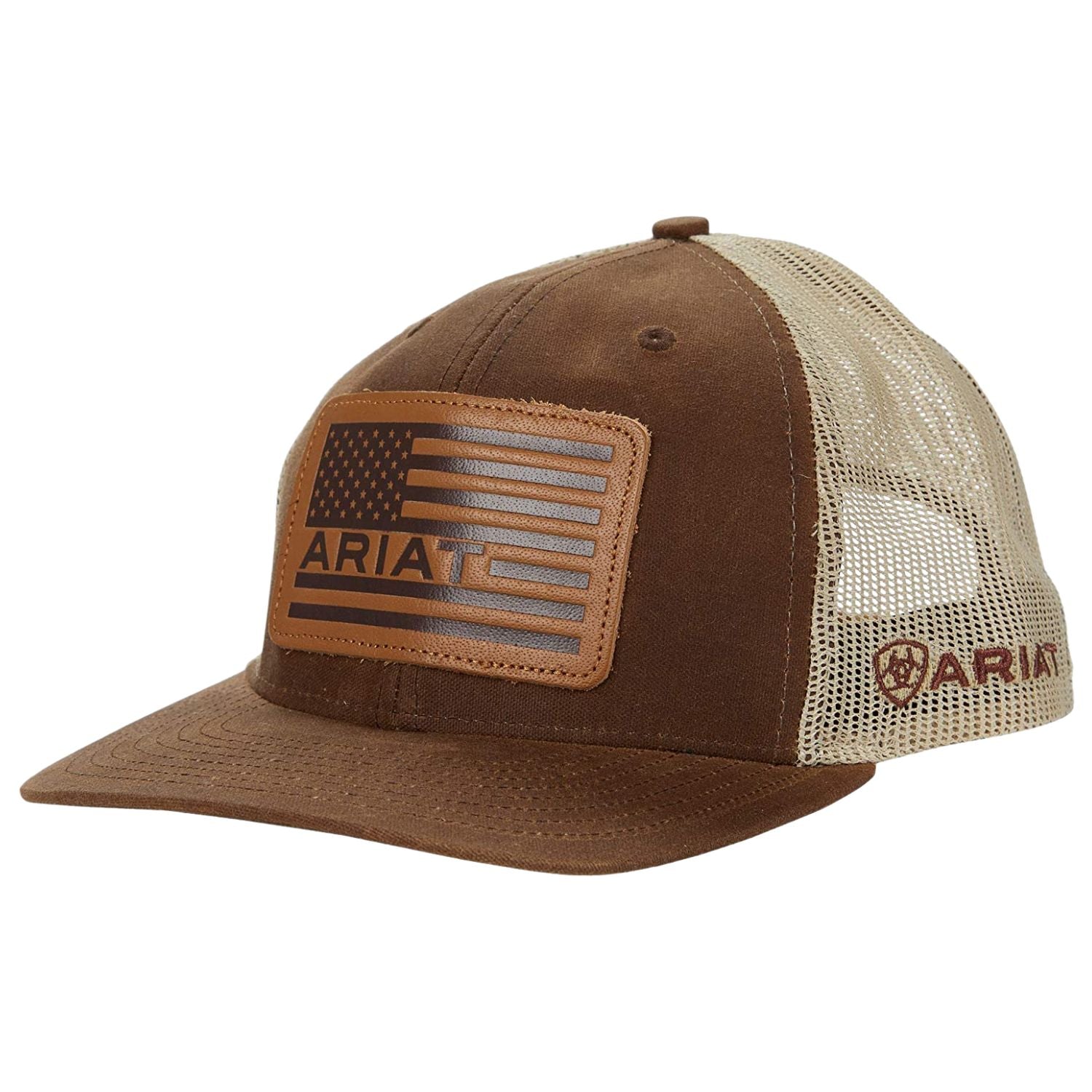 Ariat Mens Richardson 112 USA Flag Leather Patch Snapback Cap Hat (Brown/Tan)