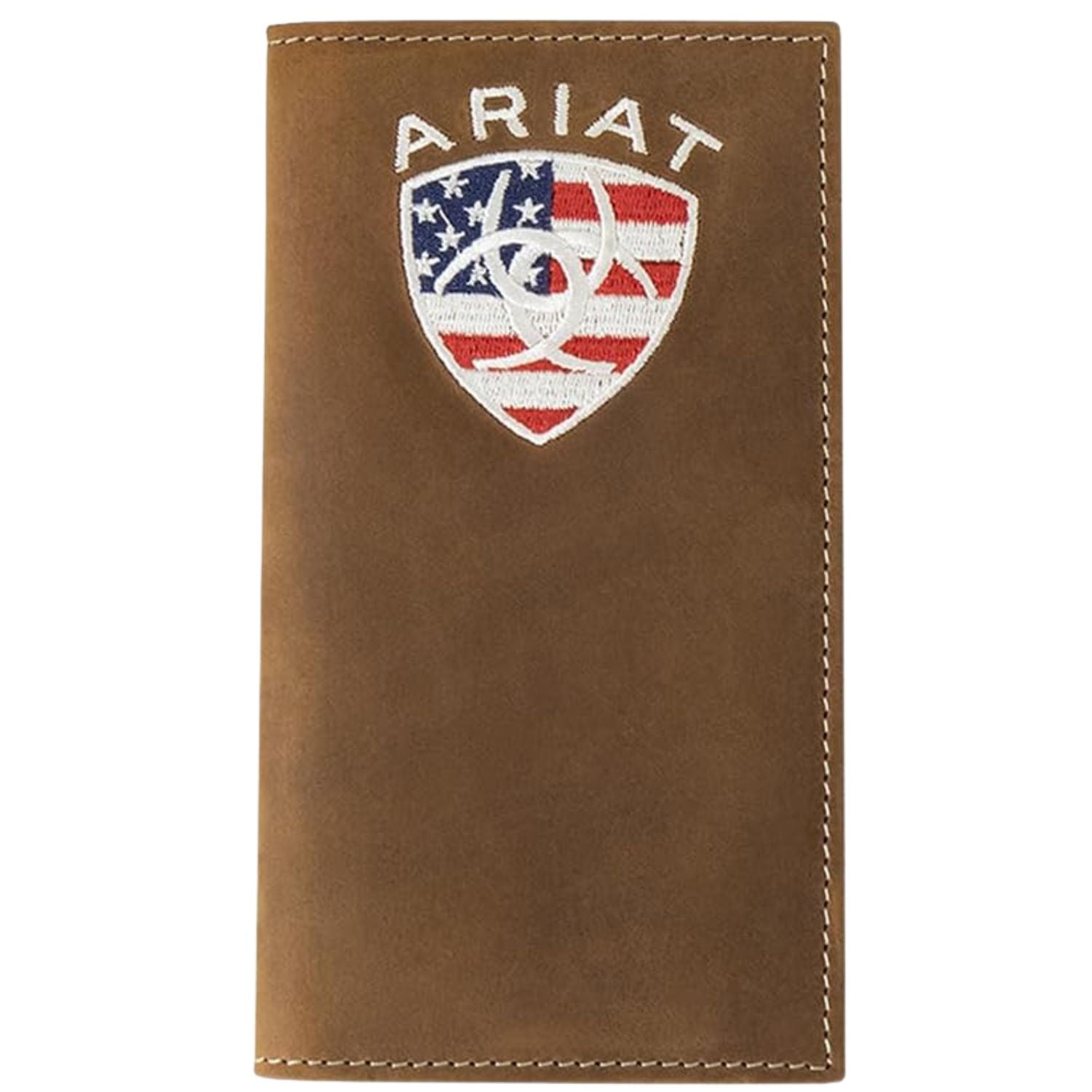 Ariat Mens USA Flag Shield Embroidered Logo Leather Rodeo Checkbook Wallet