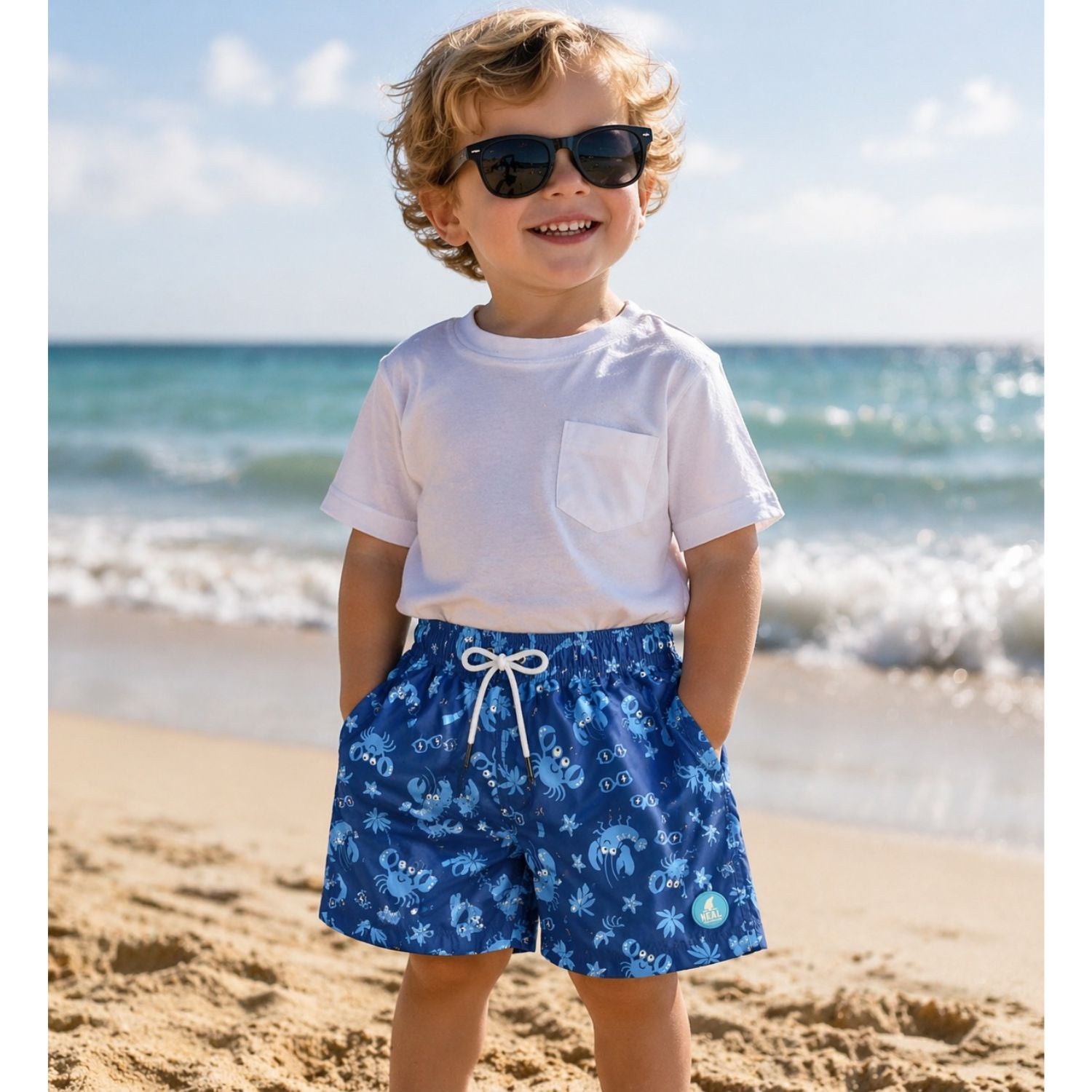 Heat Swimwear Toddler Boys Printed Tie Front Swim Trunk Board Shorts, Blue Crabs