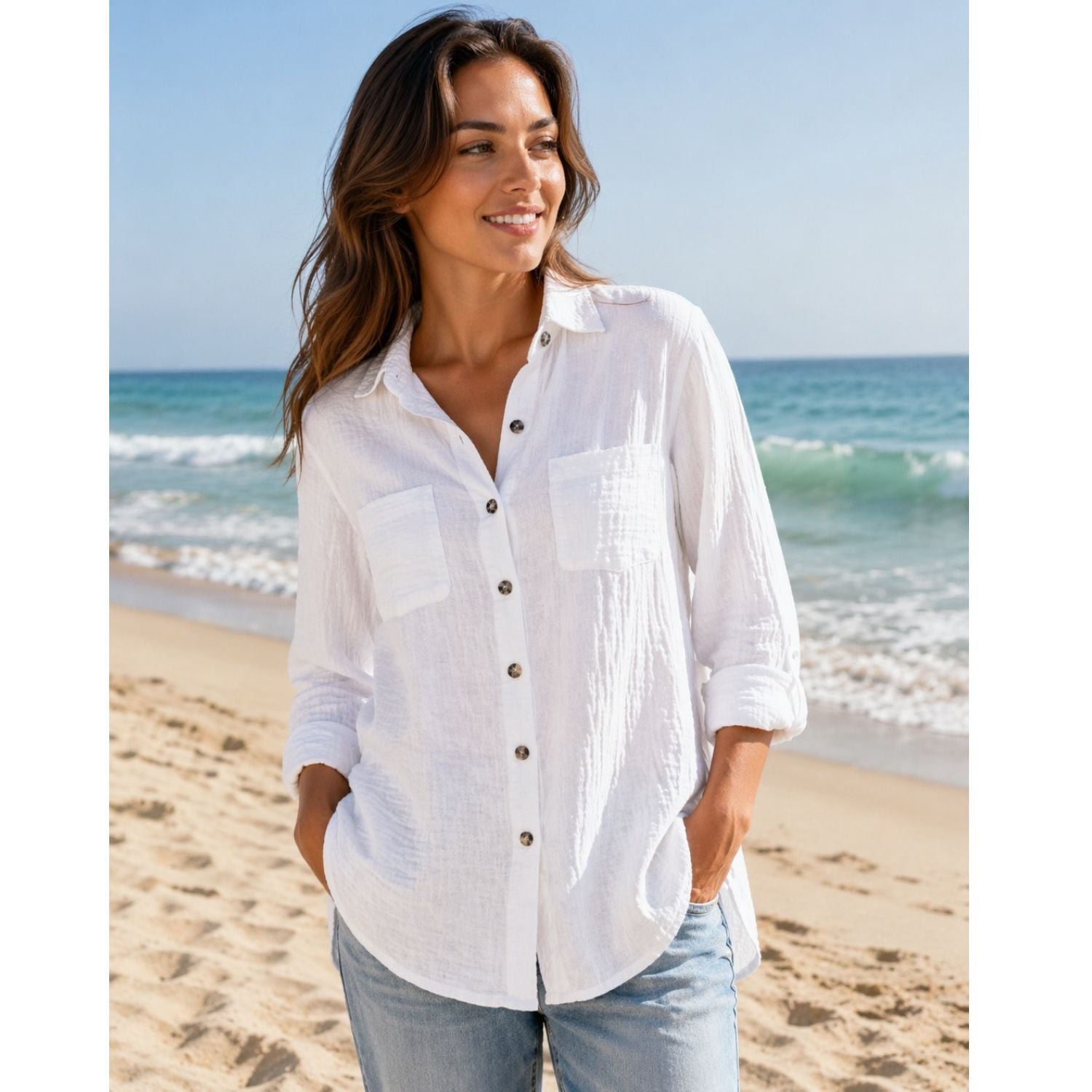 Heat Swimwear Womens Long Sleeve Button Down Gauze Shirt