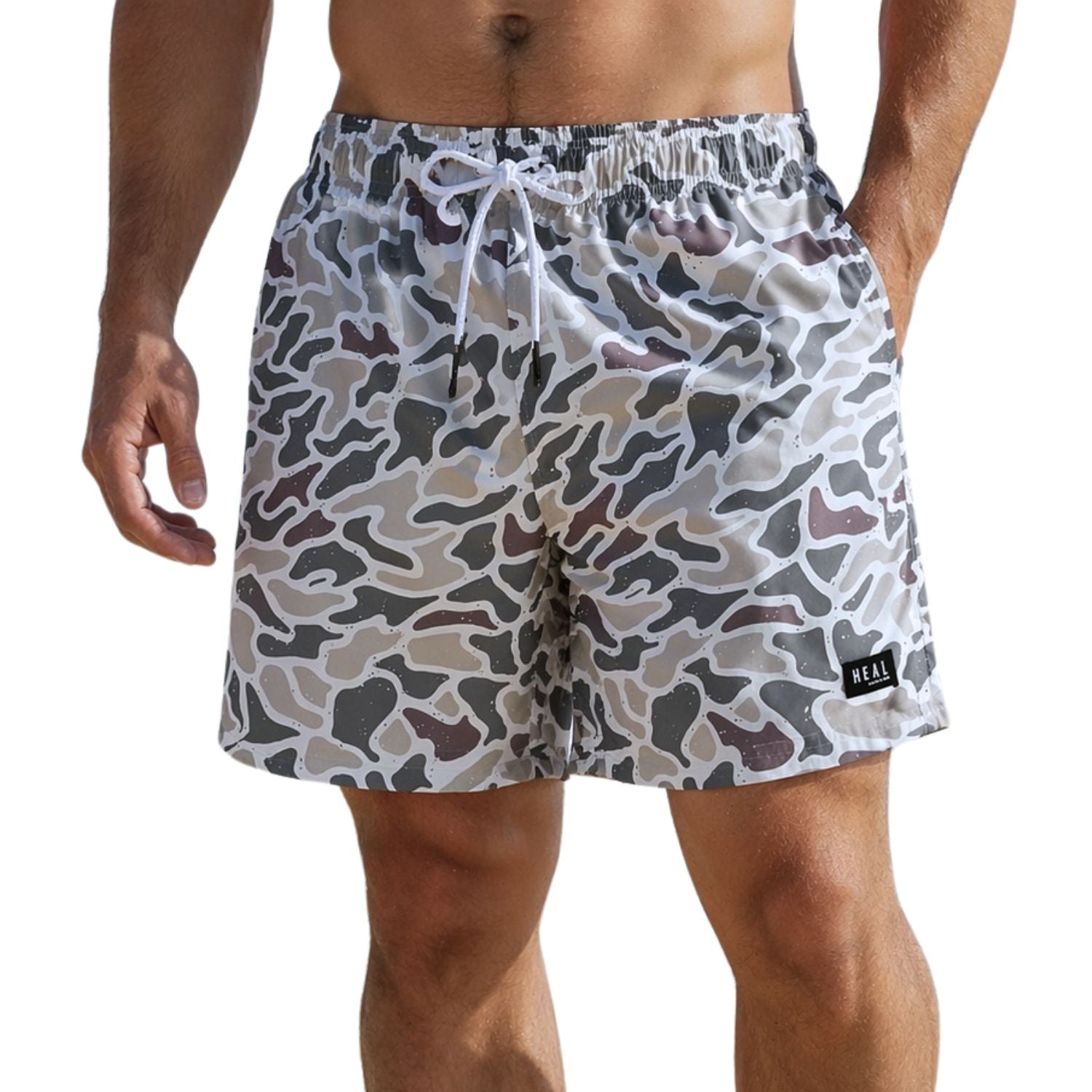 Heat Swimwear Mens Tie Front Board Short Swim Trunks, Camo Beach