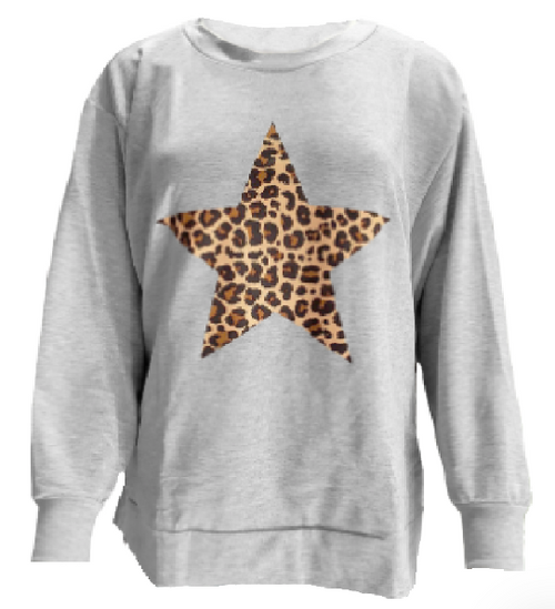 Sew In Love Womens Long Sleeve Leopard Star Print Top