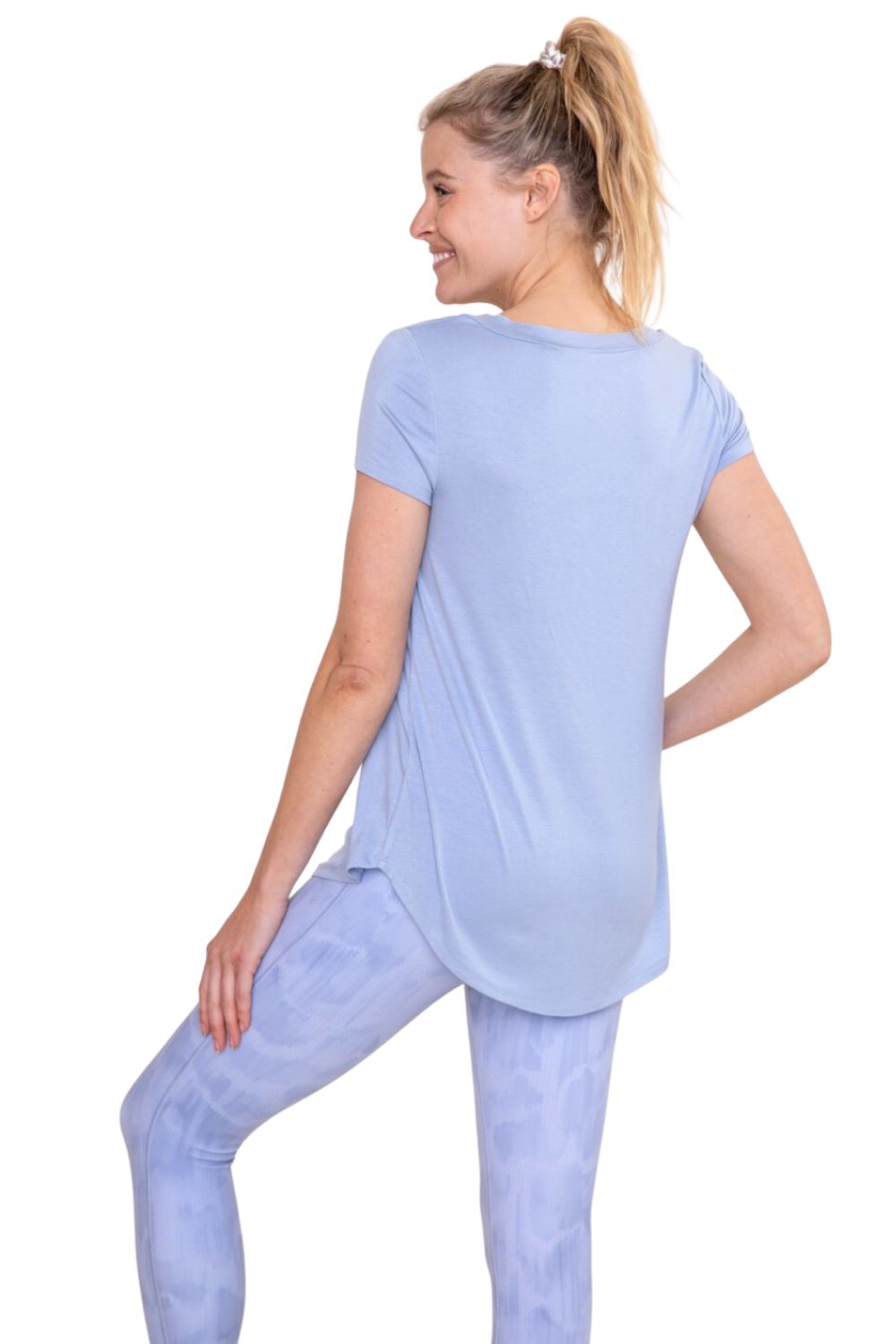 Mono B Womens Longline Deep V-Neck Pocket Short Sleeve Shirt